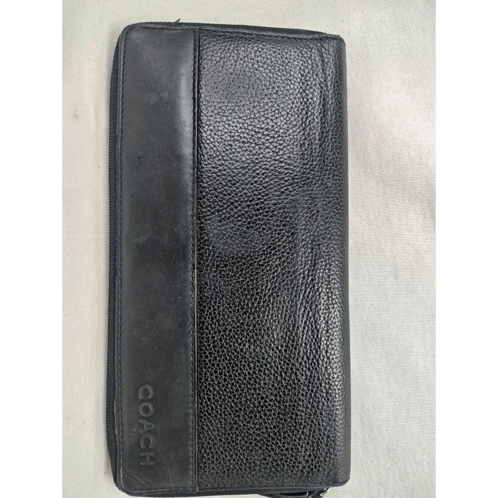 COACH‎ Vintage Black Pebbled Leather Zip Around Long Wallet Organizer ID Window